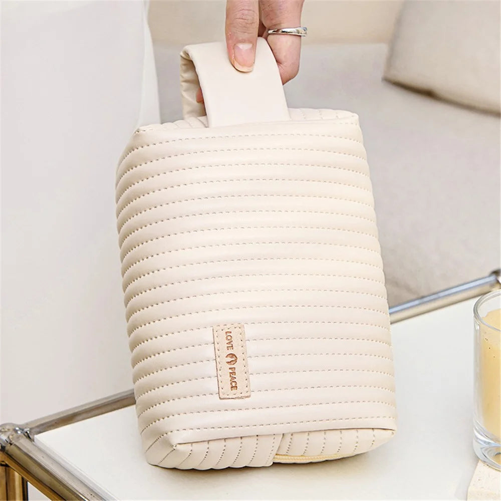 PU Leather Cosmetic Storage Bag Portable Travel Toiletry Makeup Pouch Organizer - Beige - 5