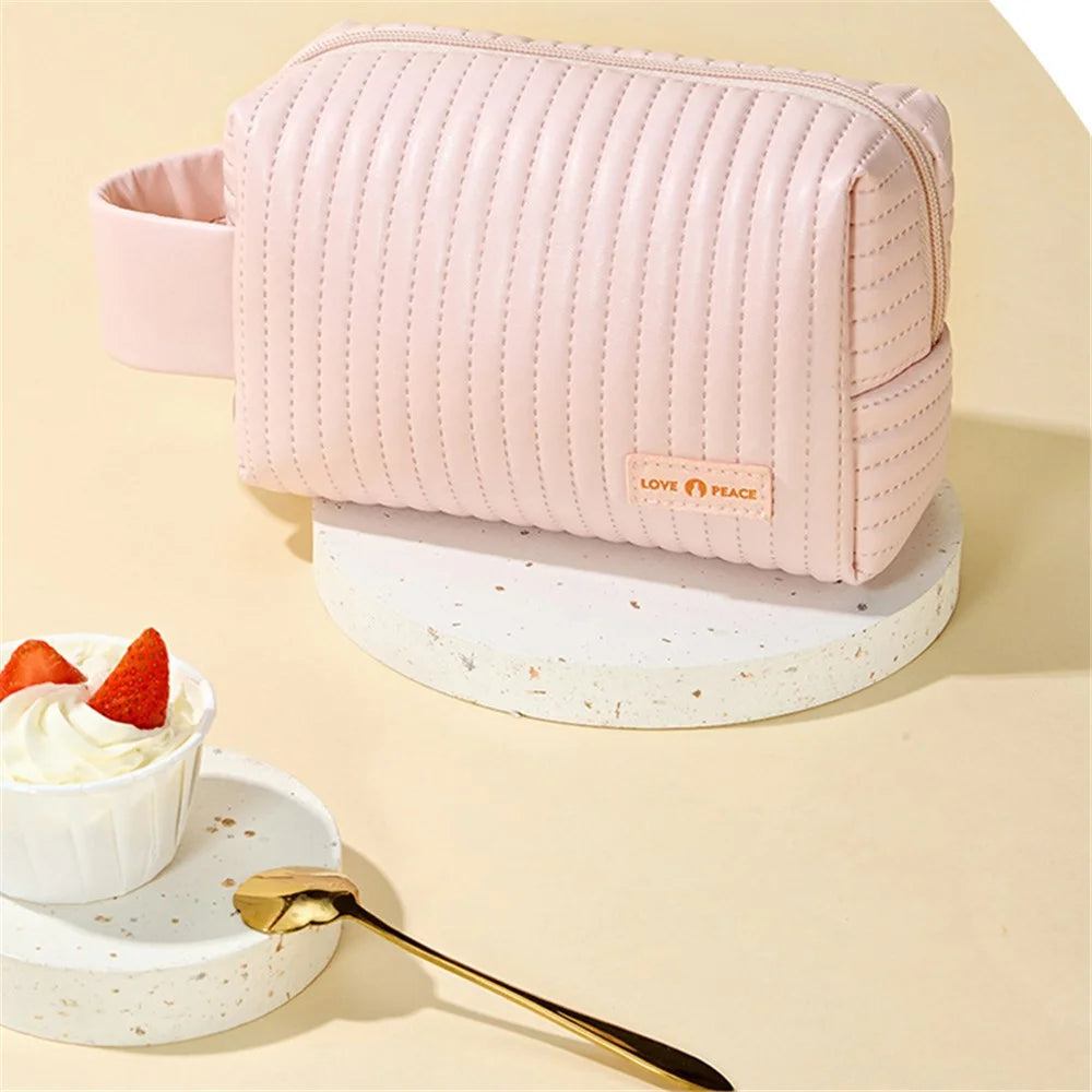 PU Leather Cosmetic Storage Bag Portable Travel Toiletry Makeup Pouch Organizer - Beige - 7