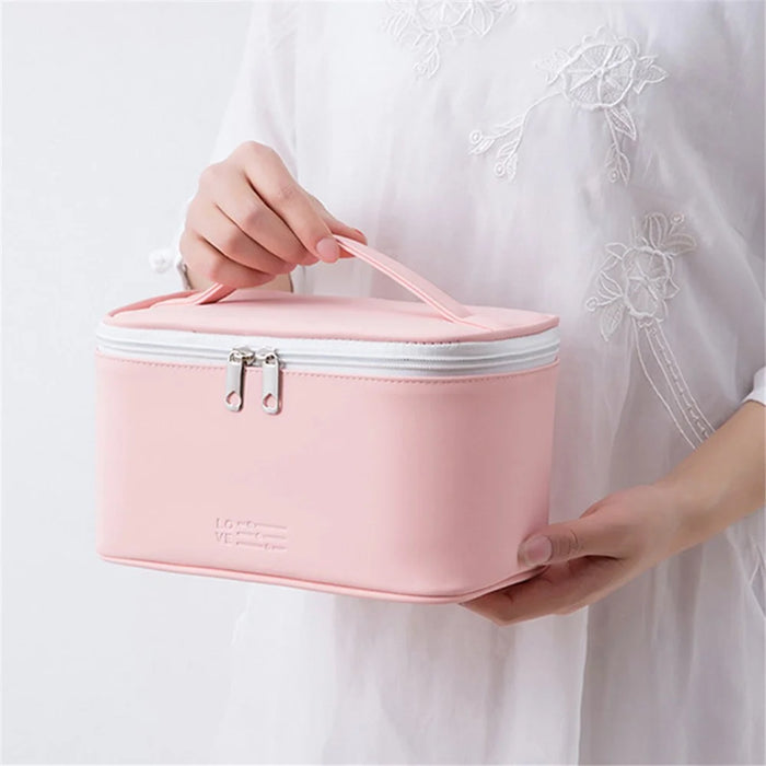 PU Leather Cosmetic Handbag Makeup Organizer Pouch Portable Travel Toiletry Bag - Pink - 3