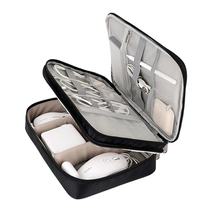 Three Layers Digital Accessories Storage Bag Polyester + PU Leather Data Cable Power Bank Handbag - Black - 3