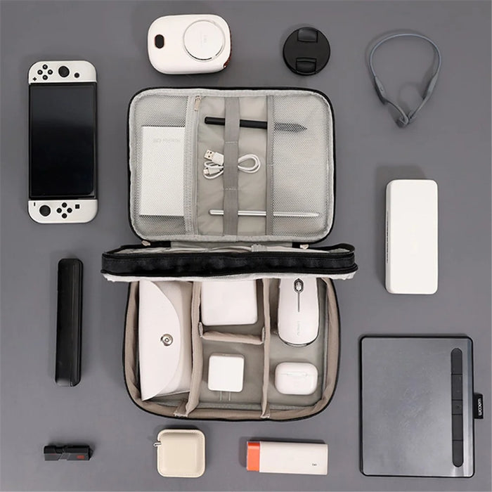 Three Layers Digital Accessories Storage Bag Polyester + PU Leather Data Cable Power Bank Handbag - Black - 4