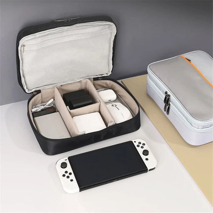 Three Layers Digital Accessories Storage Bag Polyester + PU Leather Data Cable Power Bank Handbag - Black - 6