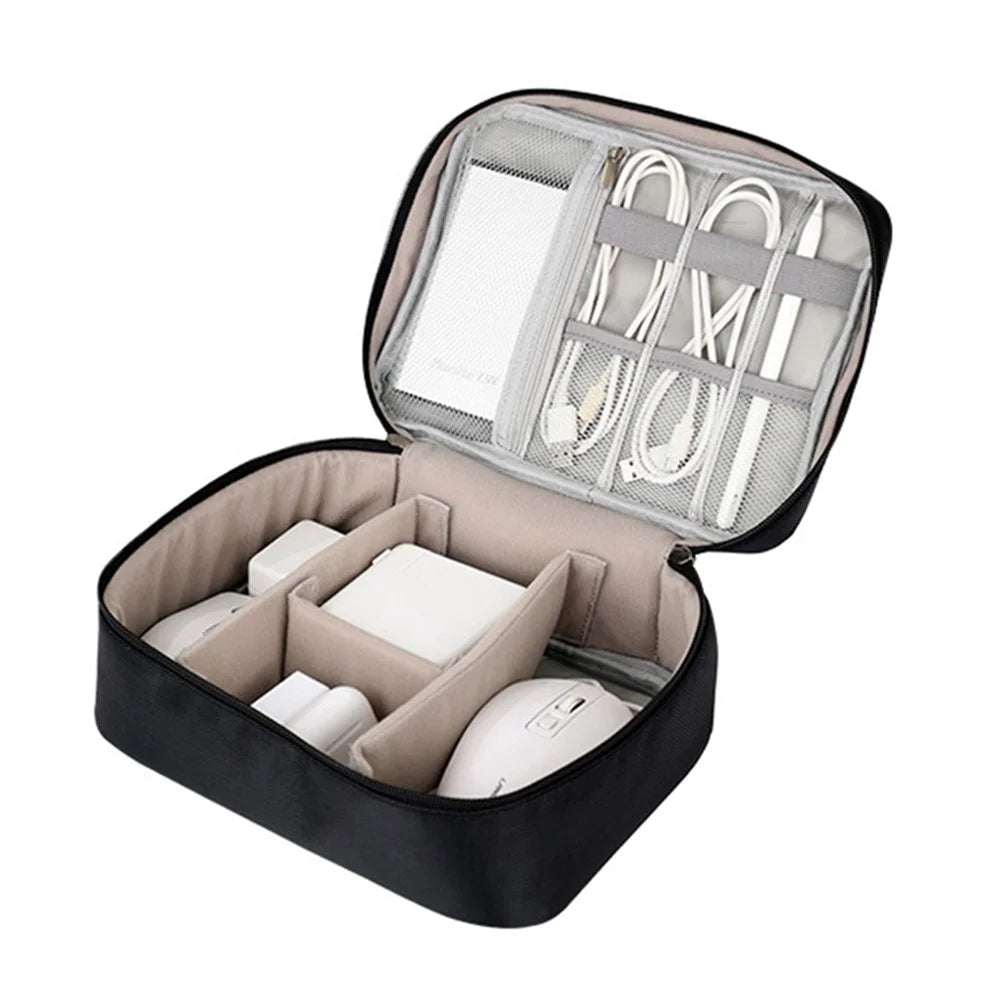 Single Layer Electronic Accessories Bag Polyester + PU Leather Handbag for Cables Hard Drive Adapter - Black - 3