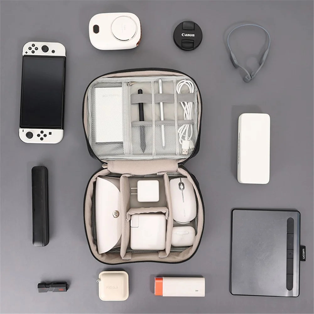Single Layer Electronic Accessories Bag Polyester + PU Leather Handbag for Cables Hard Drive Adapter - Black - 4
