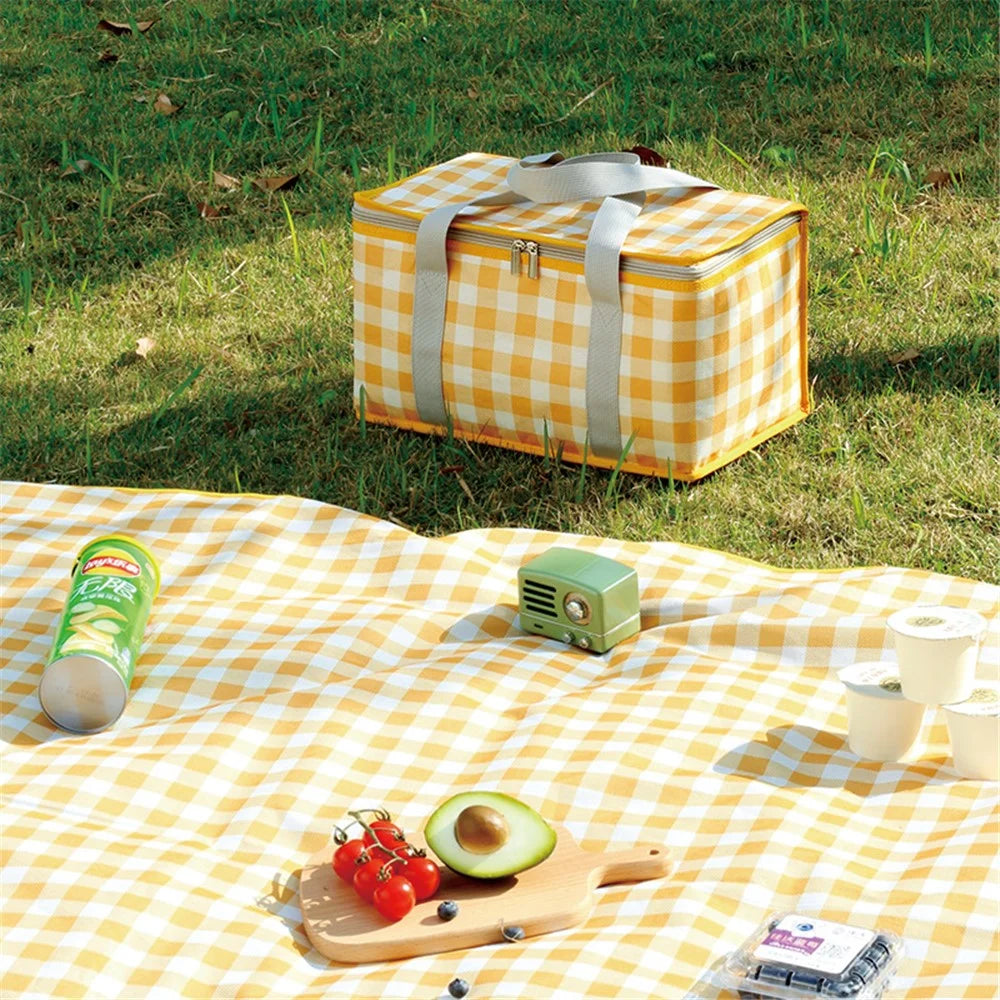 Outdoor Picnic Bag Thickened Aluminum Film 600D Oxford Cloth Insulation Food Drink Storage Bag - Yellow+White Grid - 2