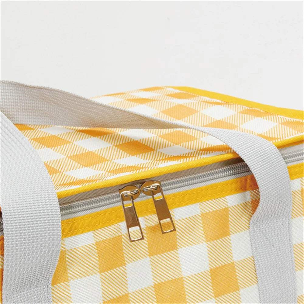 Outdoor Picnic Bag Thickened Aluminum Film 600D Oxford Cloth Insulation Food Drink Storage Bag - Yellow+White Grid - 5