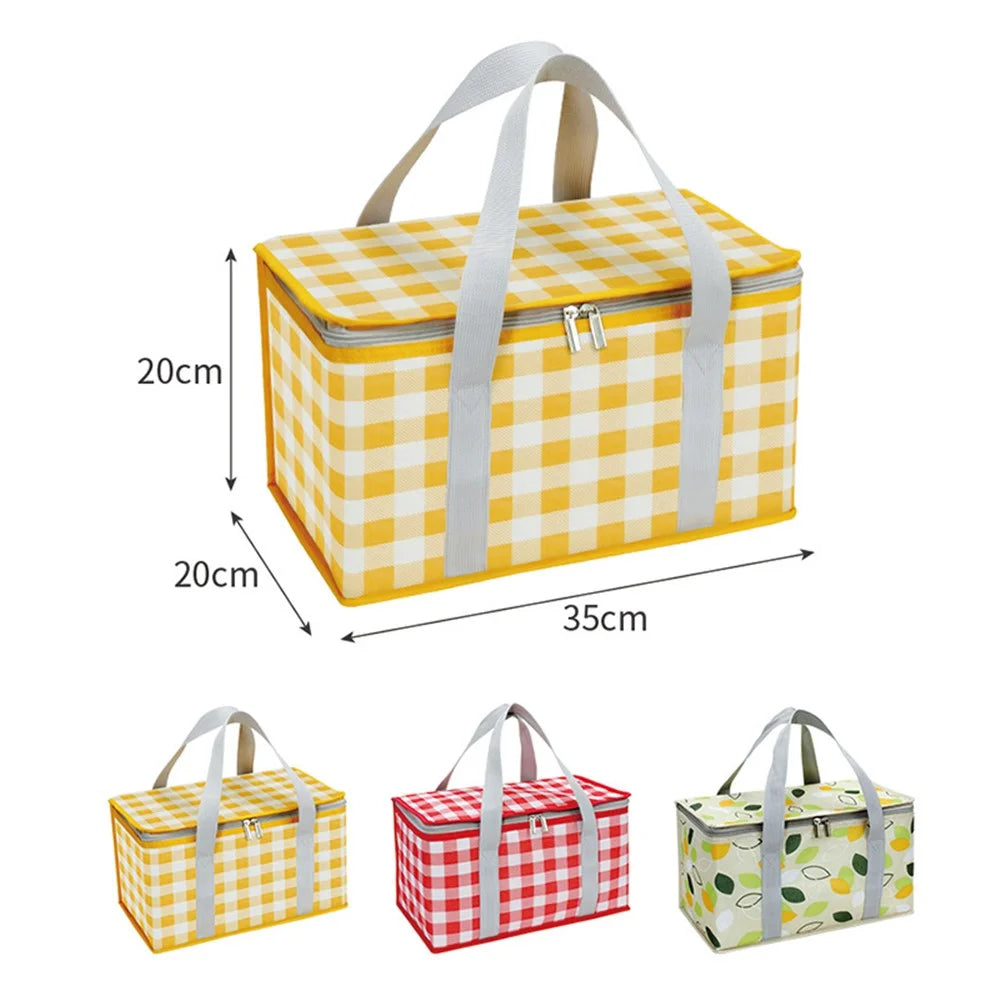 Outdoor Picnic Bag Thickened Aluminum Film 600D Oxford Cloth Insulation Food Drink Storage Bag - Yellow+White Grid - 6