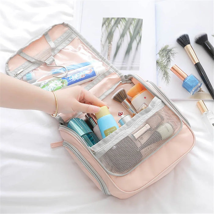 Portable Travel Toiletry Bag Polyester Makeup Cosmetics Hanging Storage Bag Container - Pink - 2