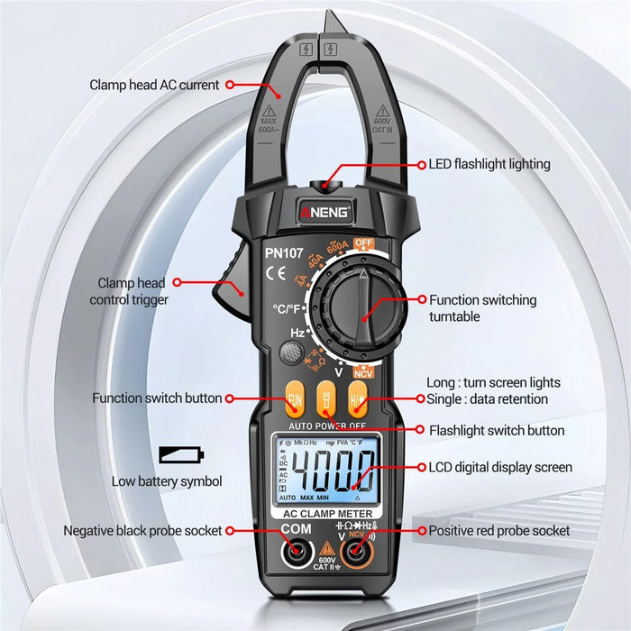 ANENG PN107 4000 Counts Clamp Digital Meter 600A AC Current Tester Voltmeter Ammeter NCV Diode Professional Electrician Tool - Black - 7