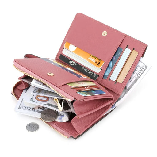 TAILIAN T2708-001 PU Leather Zipper Pocket Short Wallet Cross Texture Women Purse - Deep Pink - 2