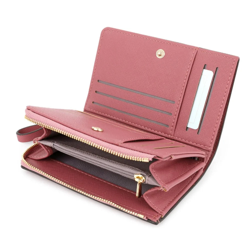 TAILIAN T2708-001 PU Leather Zipper Pocket Short Wallet Cross Texture Women Purse - Deep Pink - 3