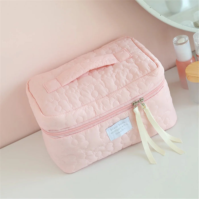 Soft Flower Design Nylon Cosmetic Organizer Zipper Design Toiletries Storage Bag Travel Home Use Makeup Pouch, Size: L - Pink - 1