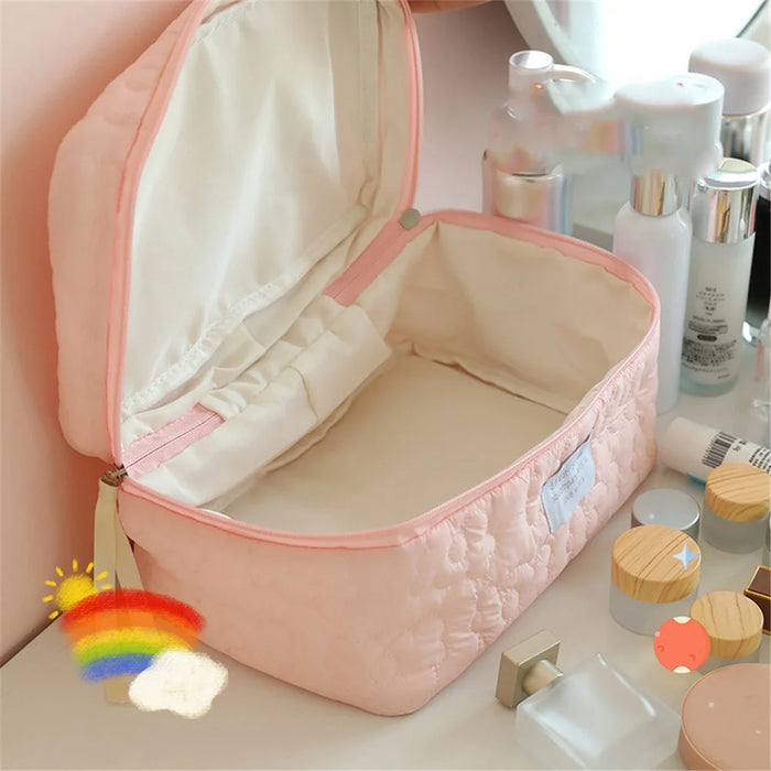 Soft Flower Design Nylon Cosmetic Organizer Zipper Design Toiletries Storage Bag Travel Home Use Makeup Pouch, Size: L - Pink - 2