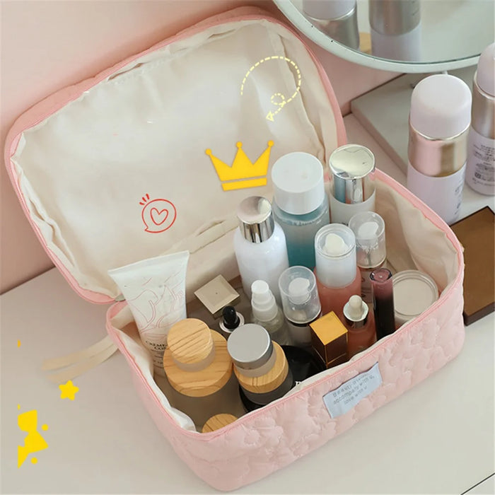 Soft Flower Design Nylon Cosmetic Organizer Zipper Design Toiletries Storage Bag Travel Home Use Makeup Pouch, Size: L - Pink - 3