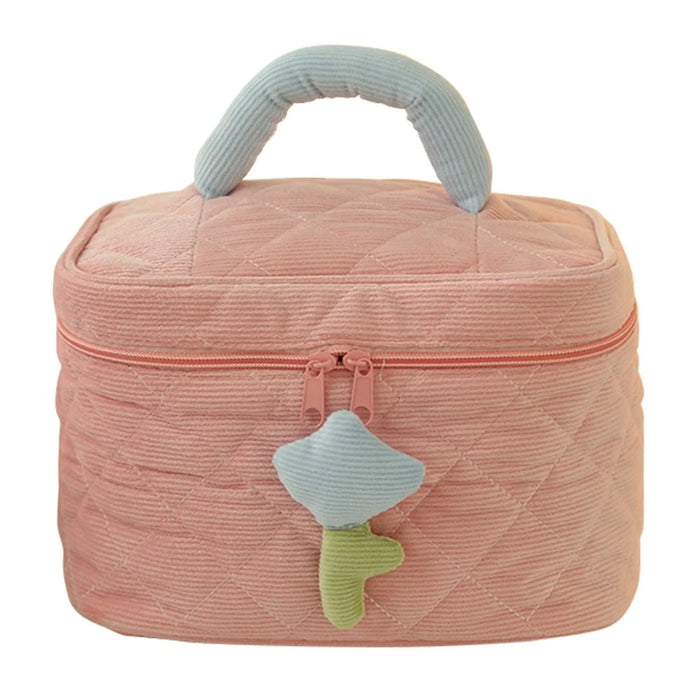 Cosmetic Storage Bag Makeup Container Organizer Corduroy Handbag, Square Shape with Handle - Pink - 1
