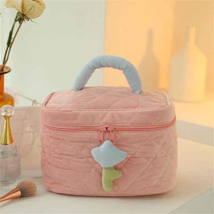 Cosmetic Storage Bag Makeup Container Organizer Corduroy Handbag, Square Shape with Handle - Pink - 2