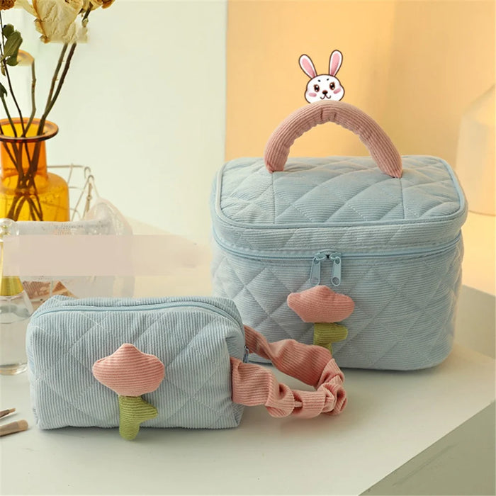 Cosmetic Storage Bag Makeup Container Organizer Corduroy Handbag, Square Shape with Handle - Pink - 5