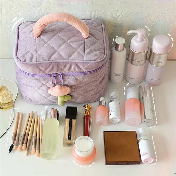 Cosmetic Storage Bag Makeup Container Organizer Corduroy Handbag, Square Shape with Handle - Pink - 6