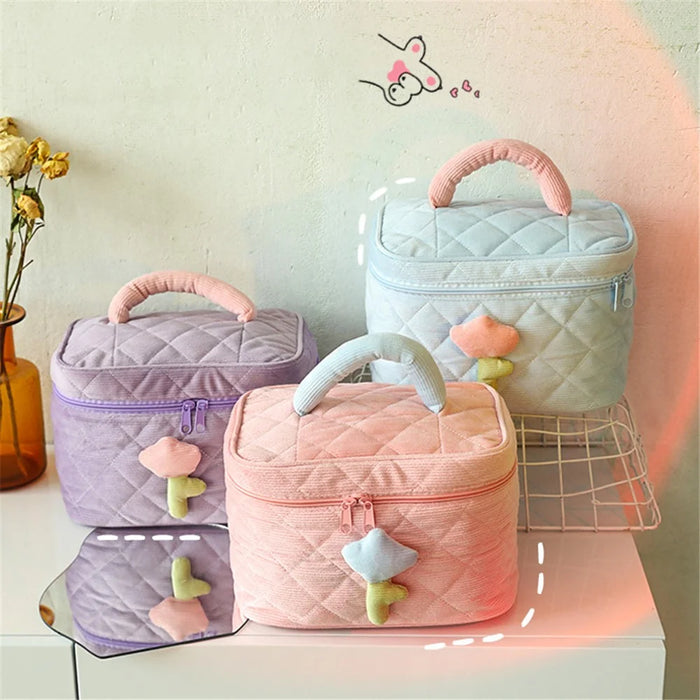 Cosmetic Storage Bag Makeup Container Organizer Corduroy Handbag, Square Shape with Handle - Pink - 7