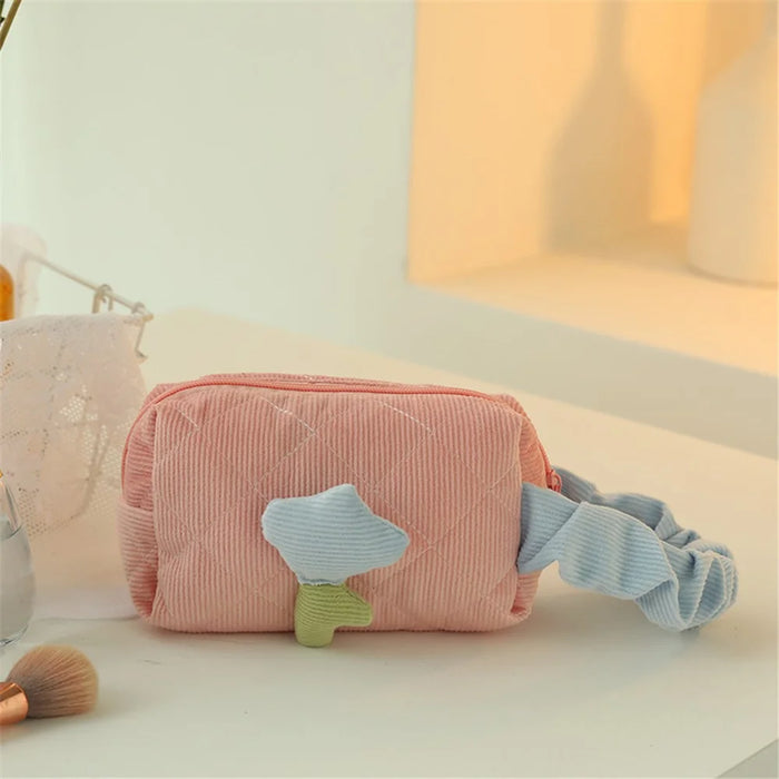 Corduroy Cosmetic Storage Bag Portable Travel Makeup Handbag Container, Side Handle Style - Pink - 1