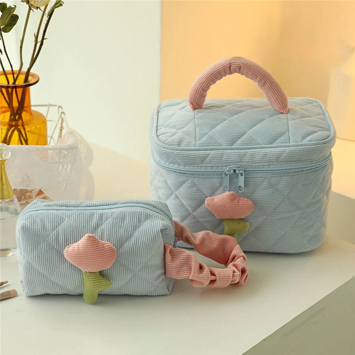 Corduroy Cosmetic Storage Bag Portable Travel Makeup Handbag Container, Side Handle Style - Pink - 5