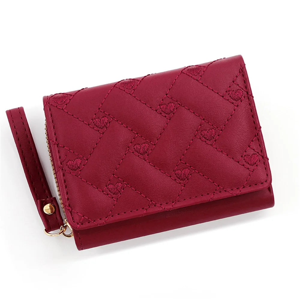 T441-1 Women Heart Embroidery Tri-fold Short Wallet PU Leather Zipper Coin Purse - Red - 1