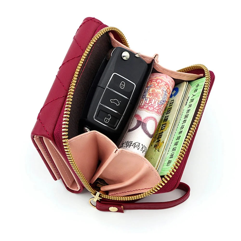 T441-1 Women Heart Embroidery Tri-fold Short Wallet PU Leather Zipper Coin Purse - Red - 2