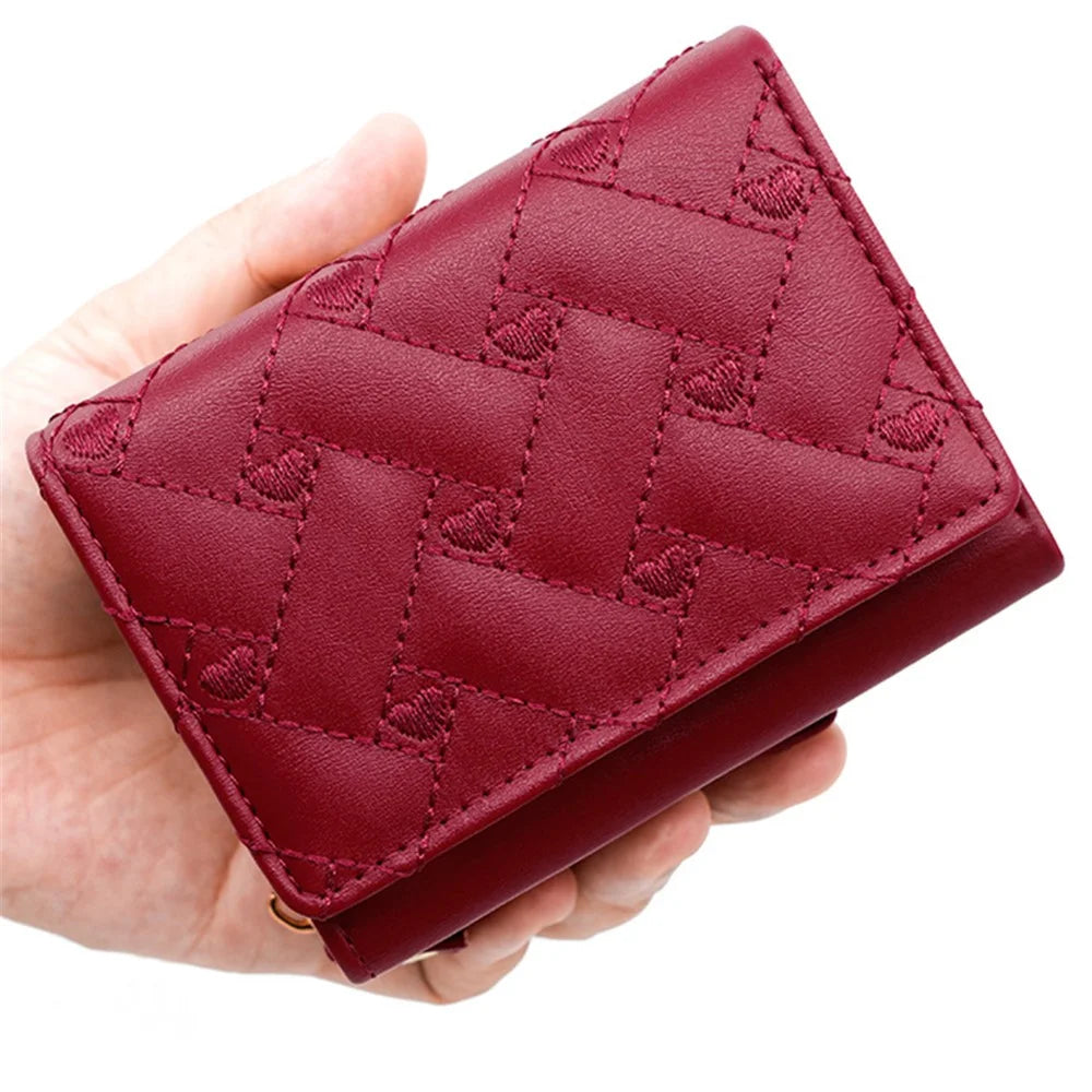 T441-1 Women Heart Embroidery Tri-fold Short Wallet PU Leather Zipper Coin Purse - Red - 4
