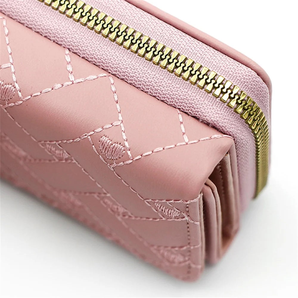 T441-1 Women Heart Embroidery Tri-fold Short Wallet PU Leather Zipper Coin Purse - Red - 5