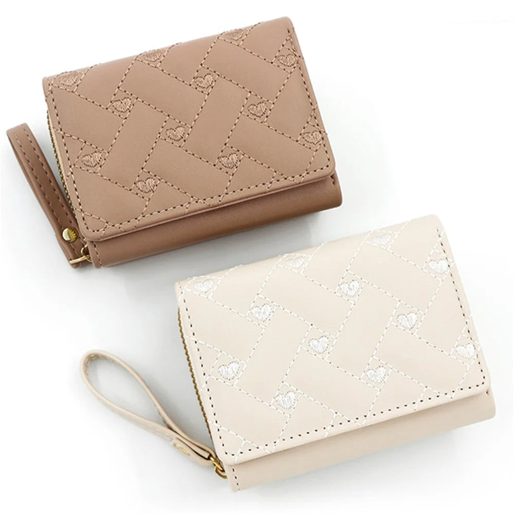 T441-1 Women Heart Embroidery Tri-fold Short Wallet PU Leather Zipper Coin Purse - Red - 6