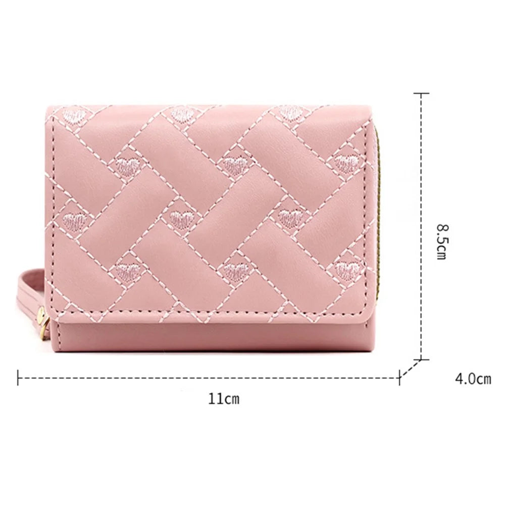 T441-1 Women Heart Embroidery Tri-fold Short Wallet PU Leather Zipper Coin Purse - Red - 7