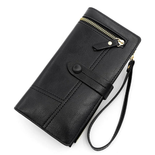 R823-3 Bi-fold Long Wallet Women Multiple Card Slots Zipper Clutch PU Leather Cellphone Purse with Wrist Strap - Black - 1