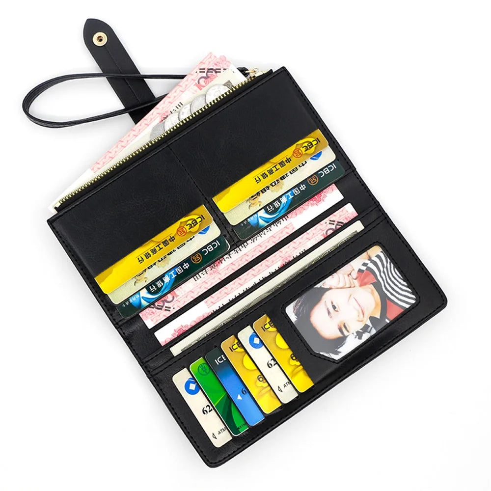 R823-3 Bi-fold Long Wallet Women Multiple Card Slots Zipper Clutch PU Leather Cellphone Purse with Wrist Strap - Black - 2