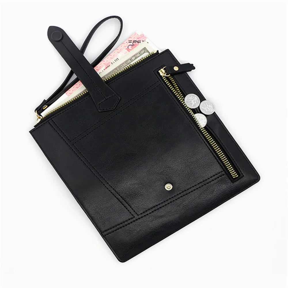 R823-3 Bi-fold Long Wallet Women Multiple Card Slots Zipper Clutch PU Leather Cellphone Purse with Wrist Strap - Black - 3