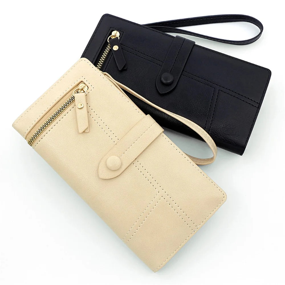 R823-3 Bi-fold Long Wallet Women Multiple Card Slots Zipper Clutch PU Leather Cellphone Purse with Wrist Strap - Black - 4