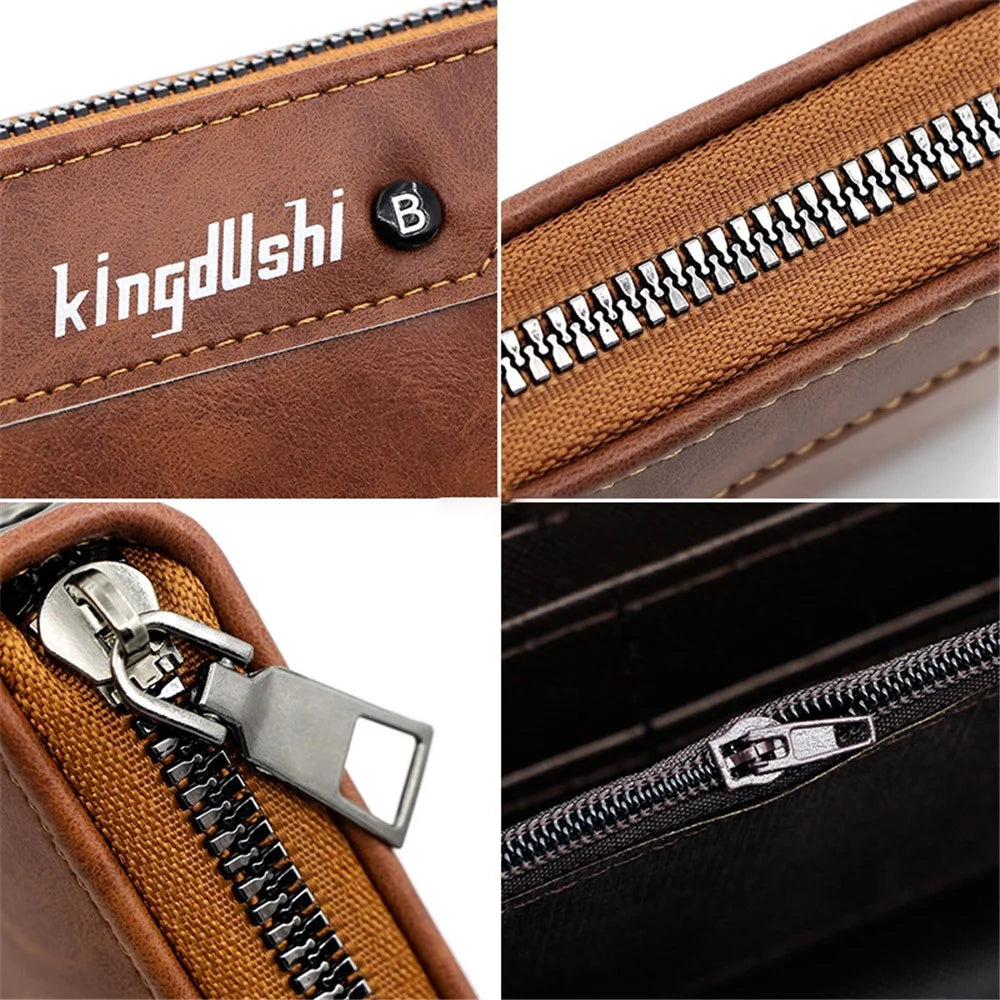KINGDUSHI Stylish PU Leather Men Zipper Long Wallet Large Capacity Cards Cash Holder Bag - Black - 3