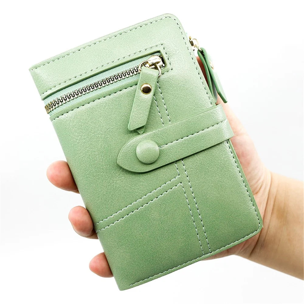 R823-1 PU Leather Zipper Pocket Short Wallet Stylish Tri-fold Women Coin Purse - Light Green - 1