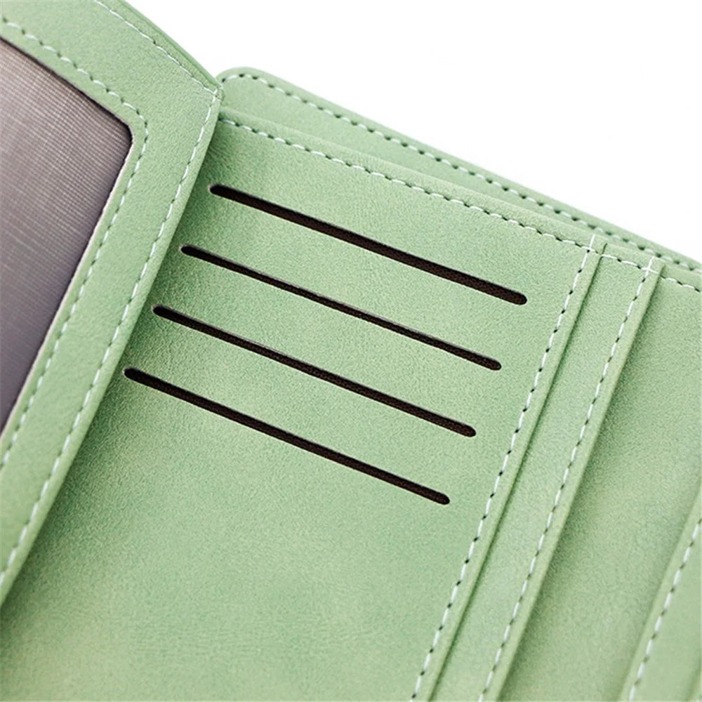 R823-1 PU Leather Zipper Pocket Short Wallet Stylish Tri-fold Women Coin Purse - Light Green - 2