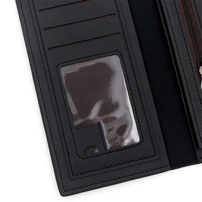 POLC 993-7 Dual Color Splicing PU Leather Men Long Wallet Tri-fold Large Capacity Wallet - Black - 3