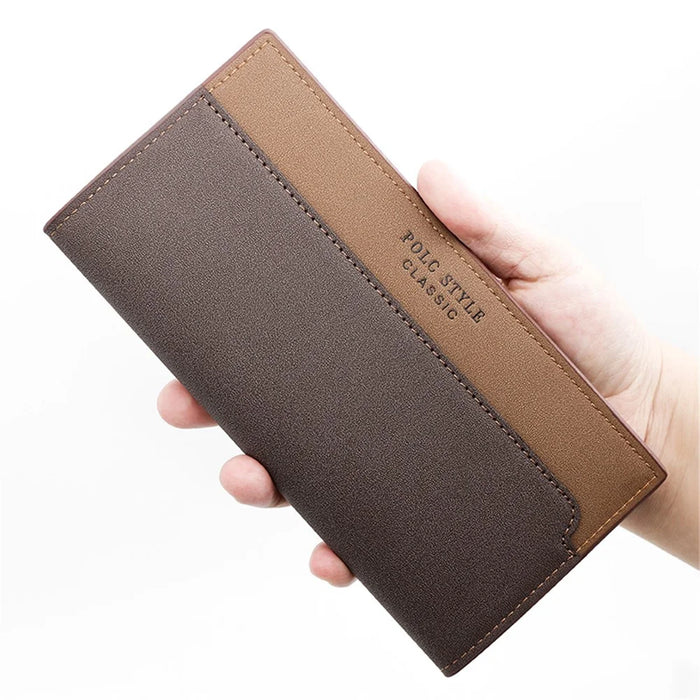 POLC 993-7 Dual Color Splicing PU Leather Men Long Wallet Tri-fold Large Capacity Wallet - Black - 4