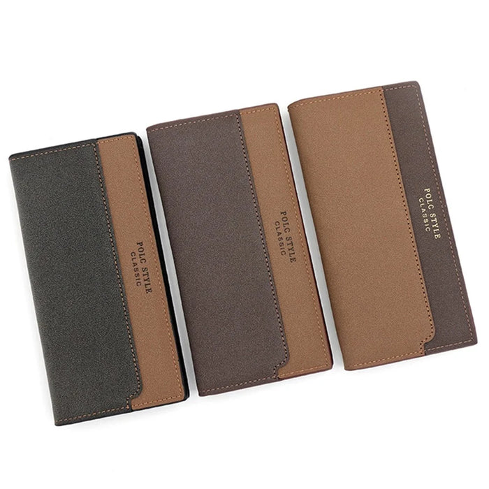 POLC 993-7 Dual Color Splicing PU Leather Men Long Wallet Tri-fold Large Capacity Wallet - Black - 7