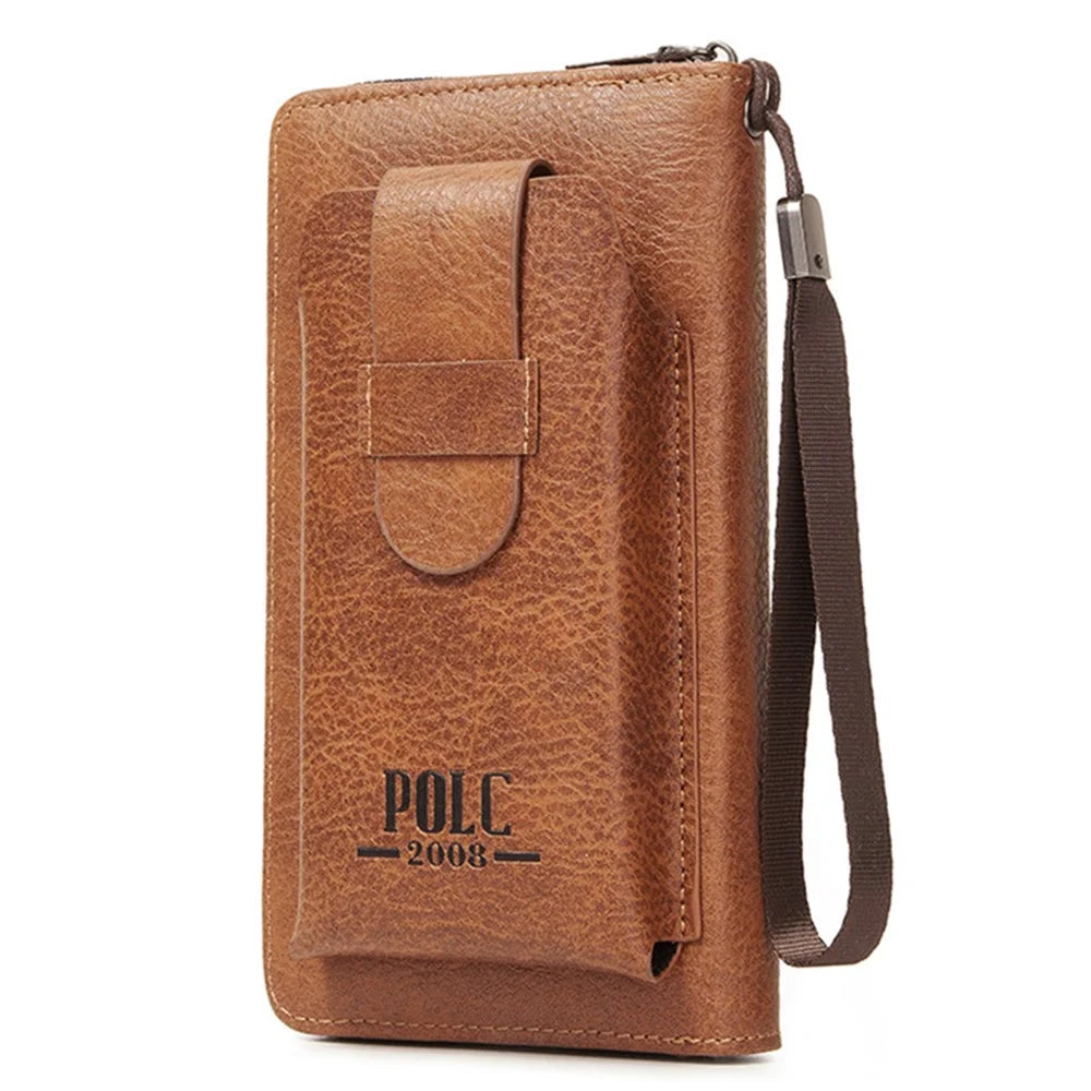POLC PU Leather Zipper Design Wallet Coin Card Storage Holder Cash Cell Phone Organizer Pouch Wrist Clutch Bag - Light Brown - 1