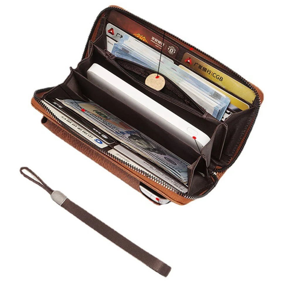 POLC PU Leather Zipper Design Wallet Coin Card Storage Holder Cash Cell Phone Organizer Pouch Wrist Clutch Bag - Light Brown - 3