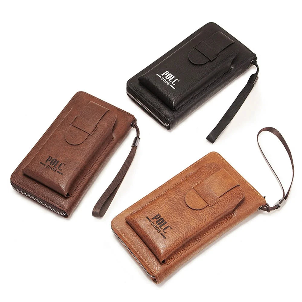 POLC PU Leather Zipper Design Wallet Coin Card Storage Holder Cash Cell Phone Organizer Pouch Wrist Clutch Bag - Light Brown - 5