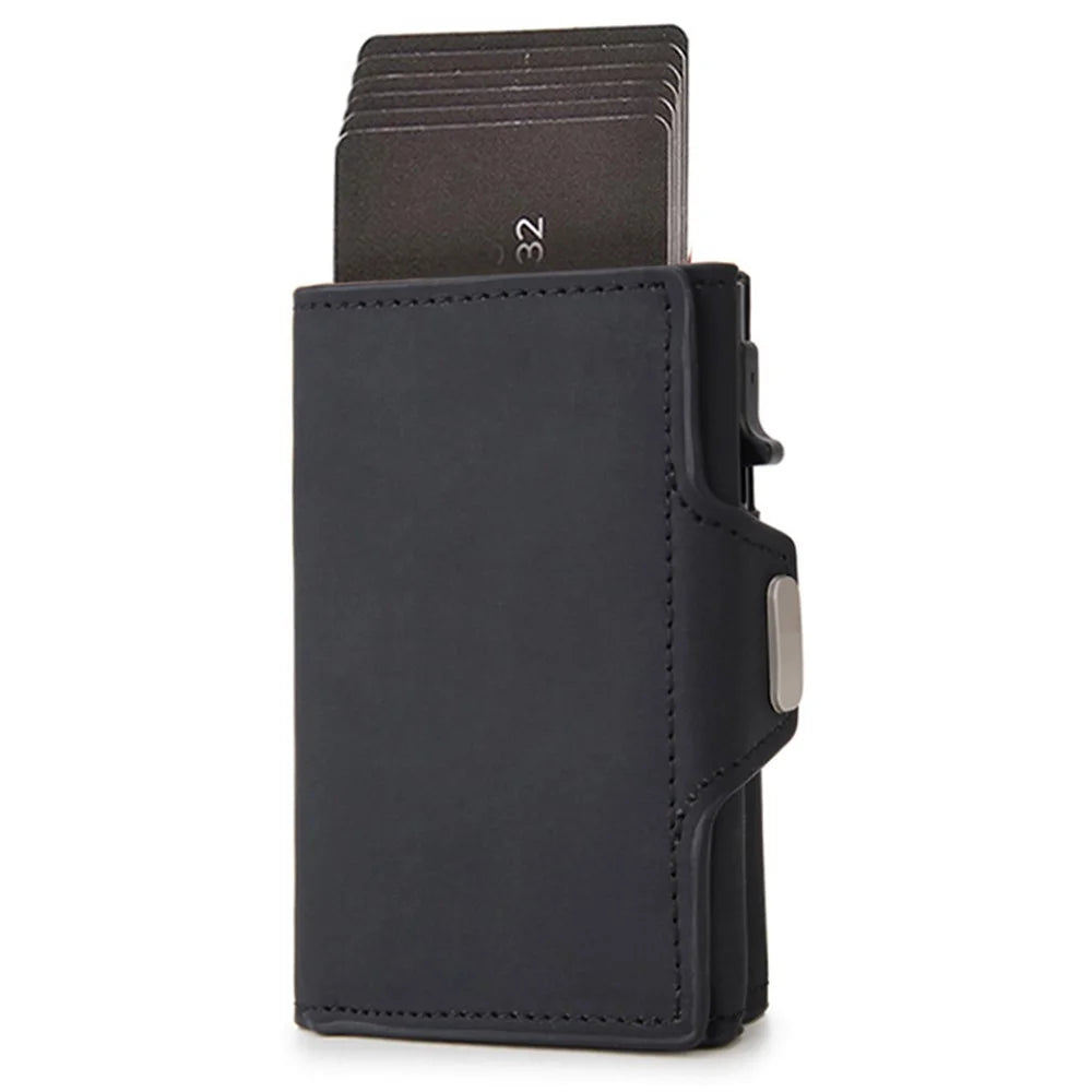 RFID Blocking Credit Card ID Card Holder Aluminum Alloy+PU Leather Card Pouch Case Wallet Billfold - Black - 1