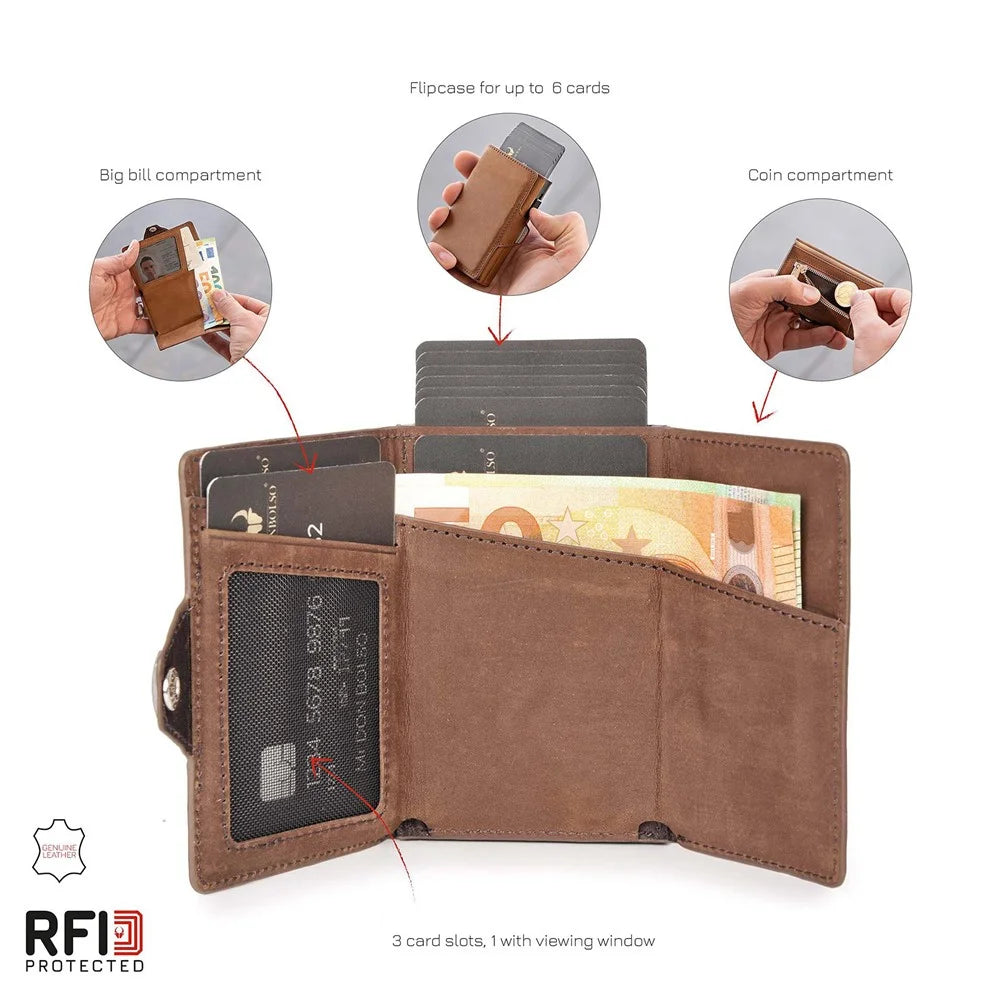Genuine Cowhide Leather RFID Blocking Card Case Wallet Billfold Credit Card ID Card Holder Holding Up to 6 Cards - Light Brown - 3