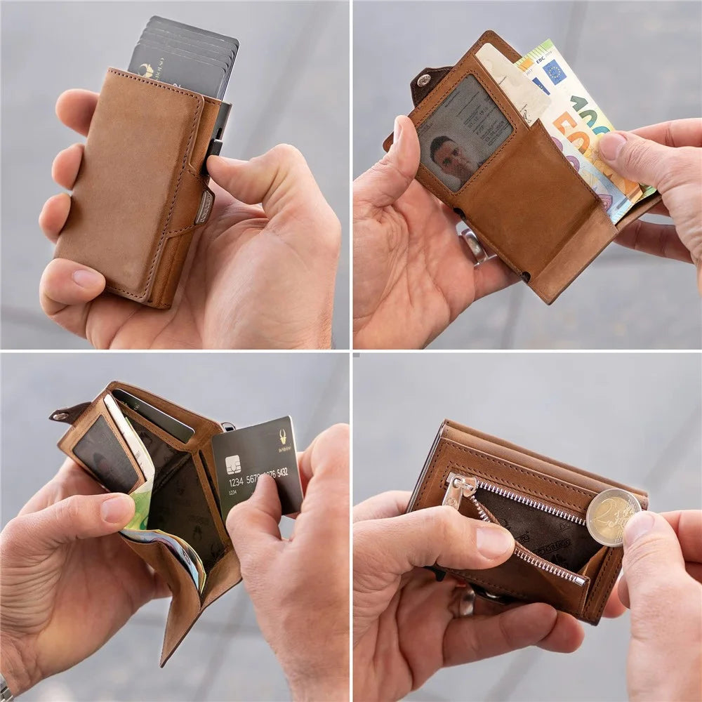 Genuine Cowhide Leather RFID Blocking Card Case Wallet Billfold Credit Card ID Card Holder Holding Up to 6 Cards - Light Brown - 4