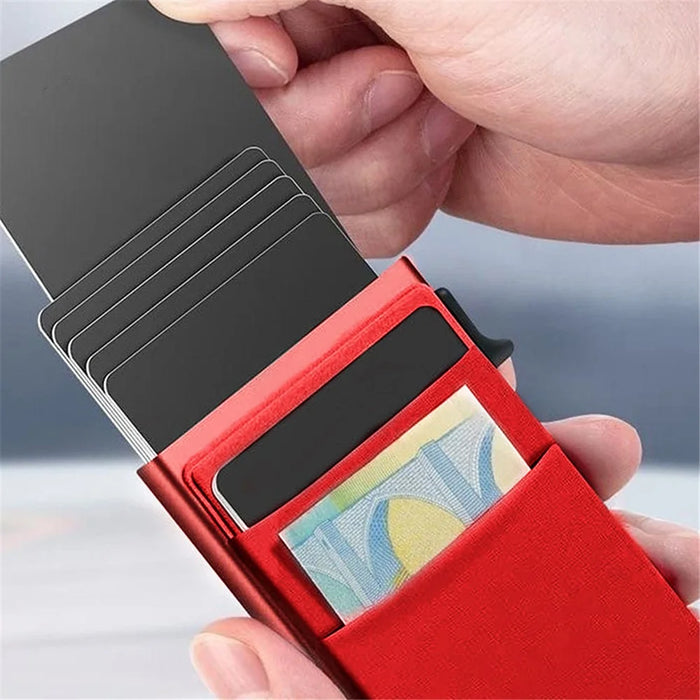 Aluminum Alloy+Plastic Card Pouch RFID Blocking Credit Card ID Card Holder Case Easy Pop-Up Slim Bag - Red - 2