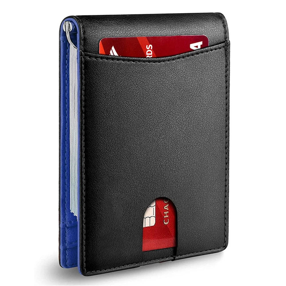 RFID Blocking Microfiber Leather Card Holder Cash Clip Design Men Card Bag Wallet - Plain Texture / Blue - 1