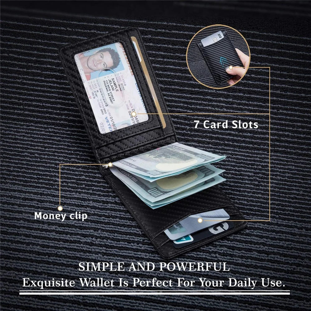 RFID Blocking Microfiber Leather Card Holder Cash Clip Design Men Card Bag Wallet - Plain Texture / Blue - 3